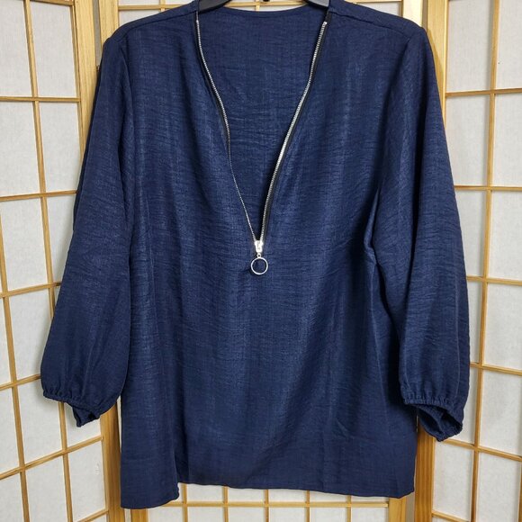NWOT navy blue long-sleeve ladies' blouse with zip up neckline size XL. - Picture 1 of 7